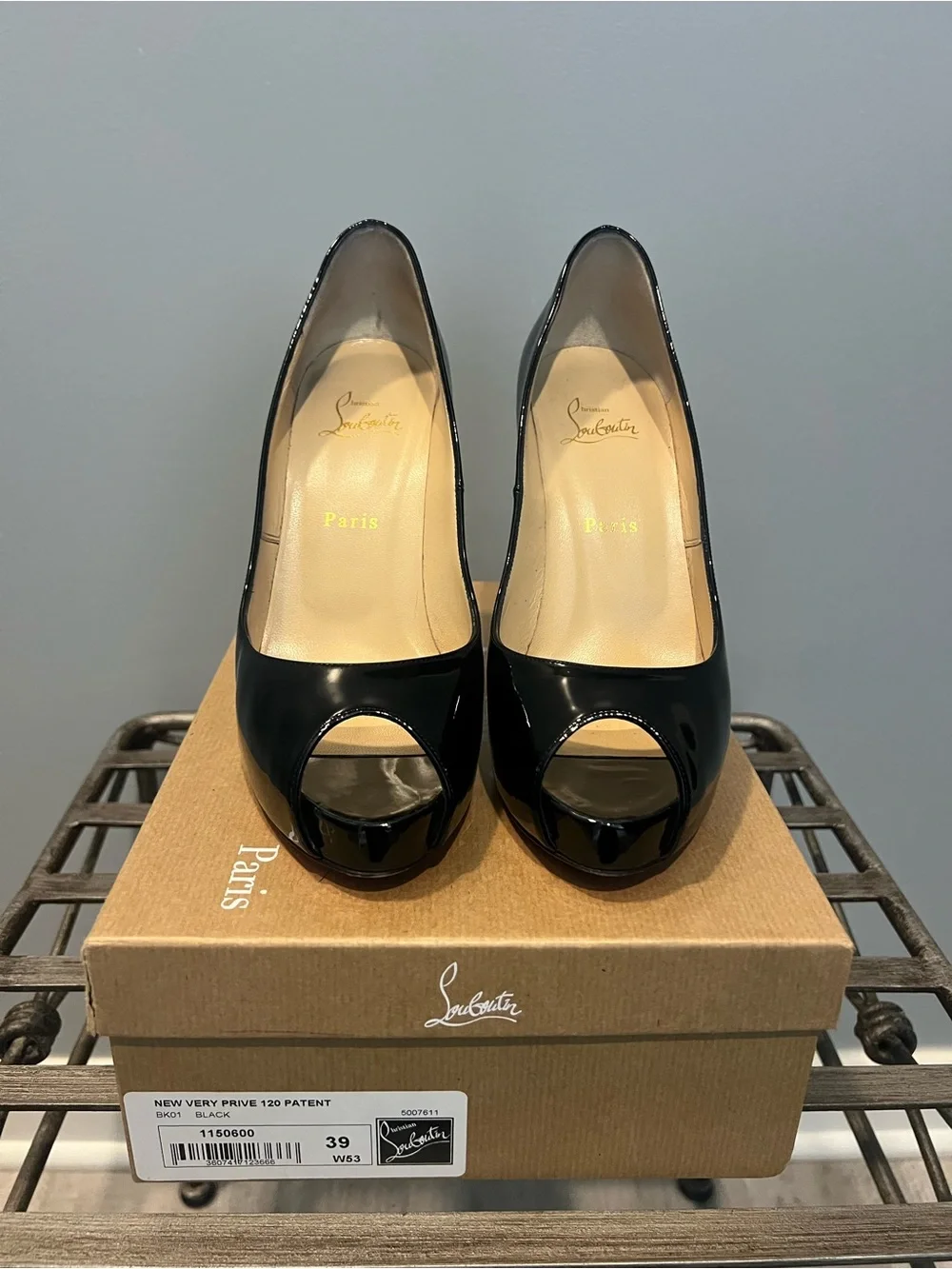 Christian Louboutin Black Patent Peep-Toe Pumps with Red Soles